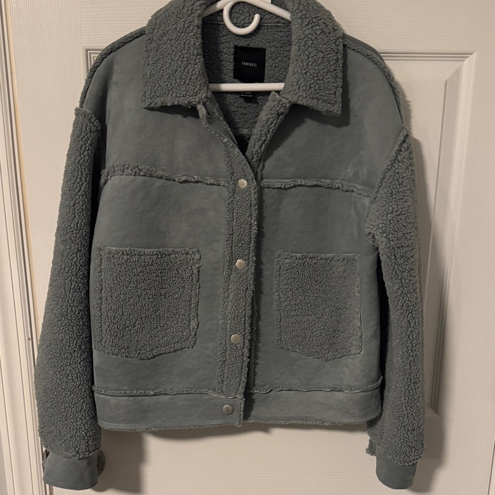 Light Blue Sherpa Jacket with Pockets